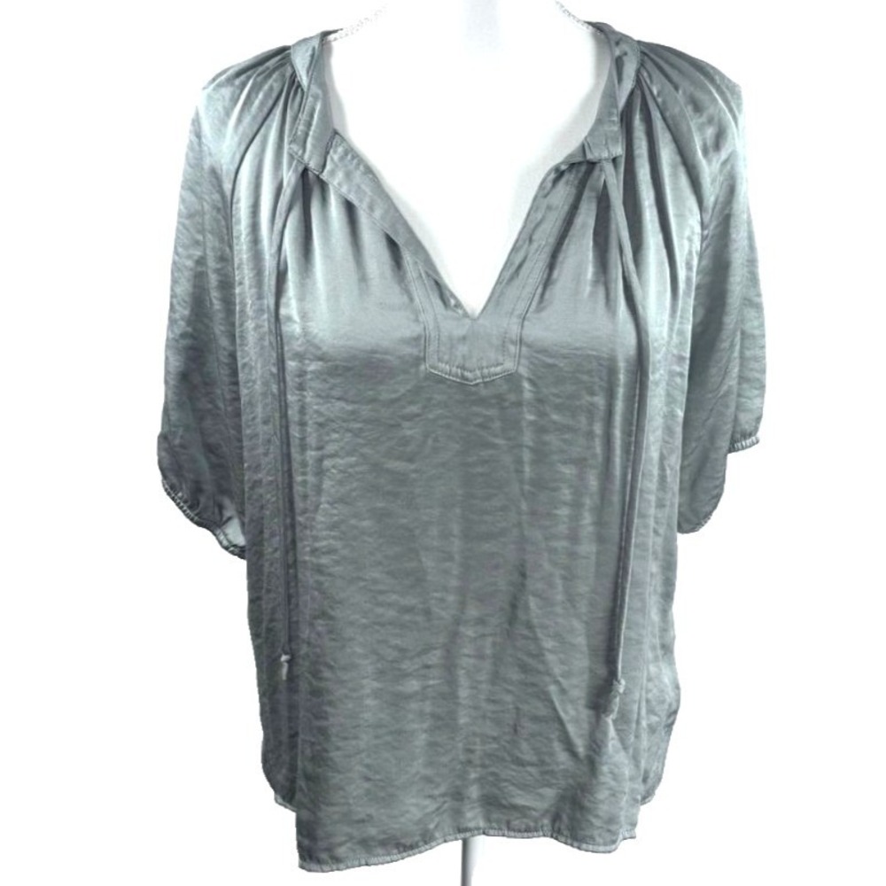 Elie Tahari Top Sage Green Silky V Neck Puff Sleeve Office Luxury Sz S